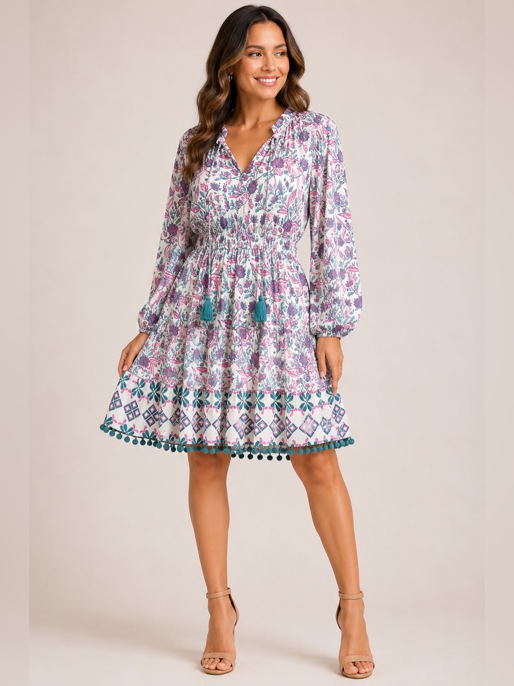Celina Moon Boho Floral Tassel Mini Dress US M
